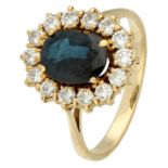 18K Yellow gold vintage entourage ring set with approx. 1.71 ct. natural sapphire and approx. 0.56 c