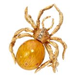 18K Yellow gold spider brooch with guilloche body set with diamond.