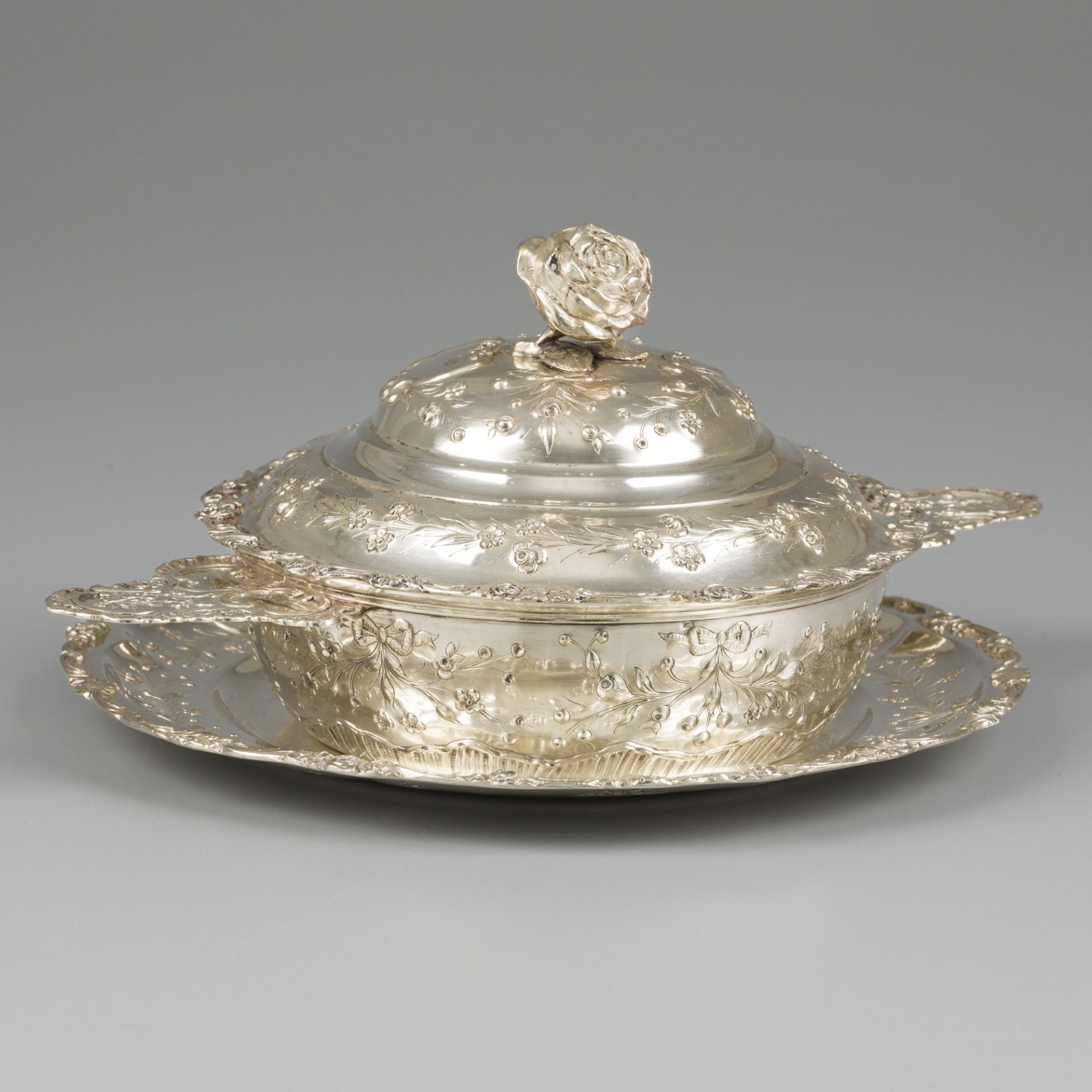 Covered dish with saucer, silver.