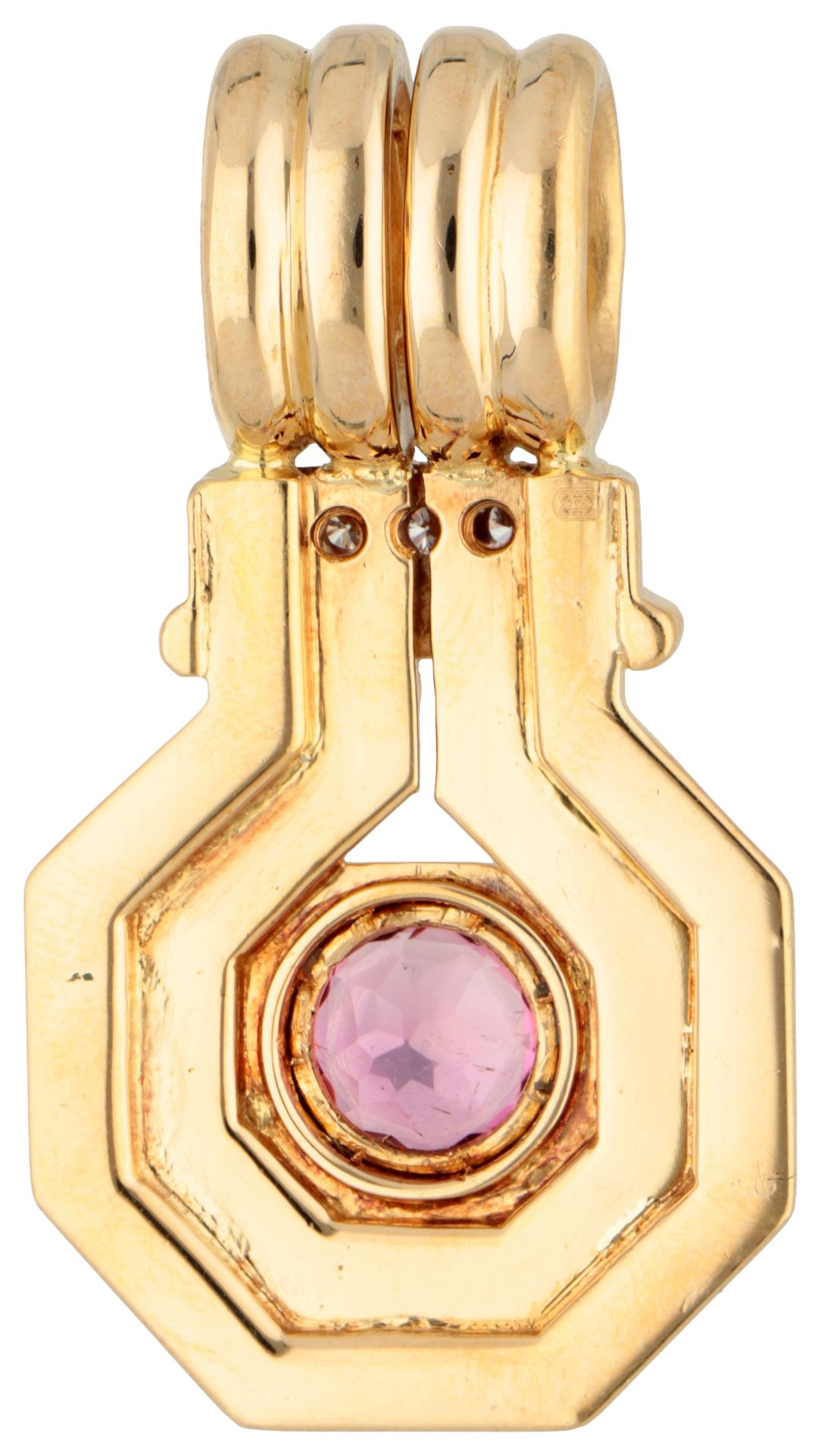 18K Yellow gold modern bulla pendant with pink tourmaline and diamonds. - Bild 2 aus 2
