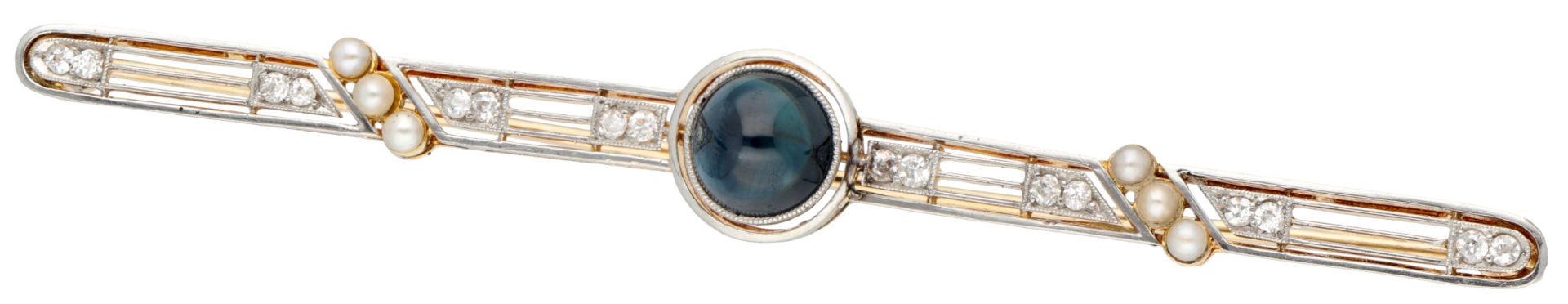 Art Deco yellow gold / platinum barrette brooch set with ca. 2.31 ct. natural sapphire, diamond and 