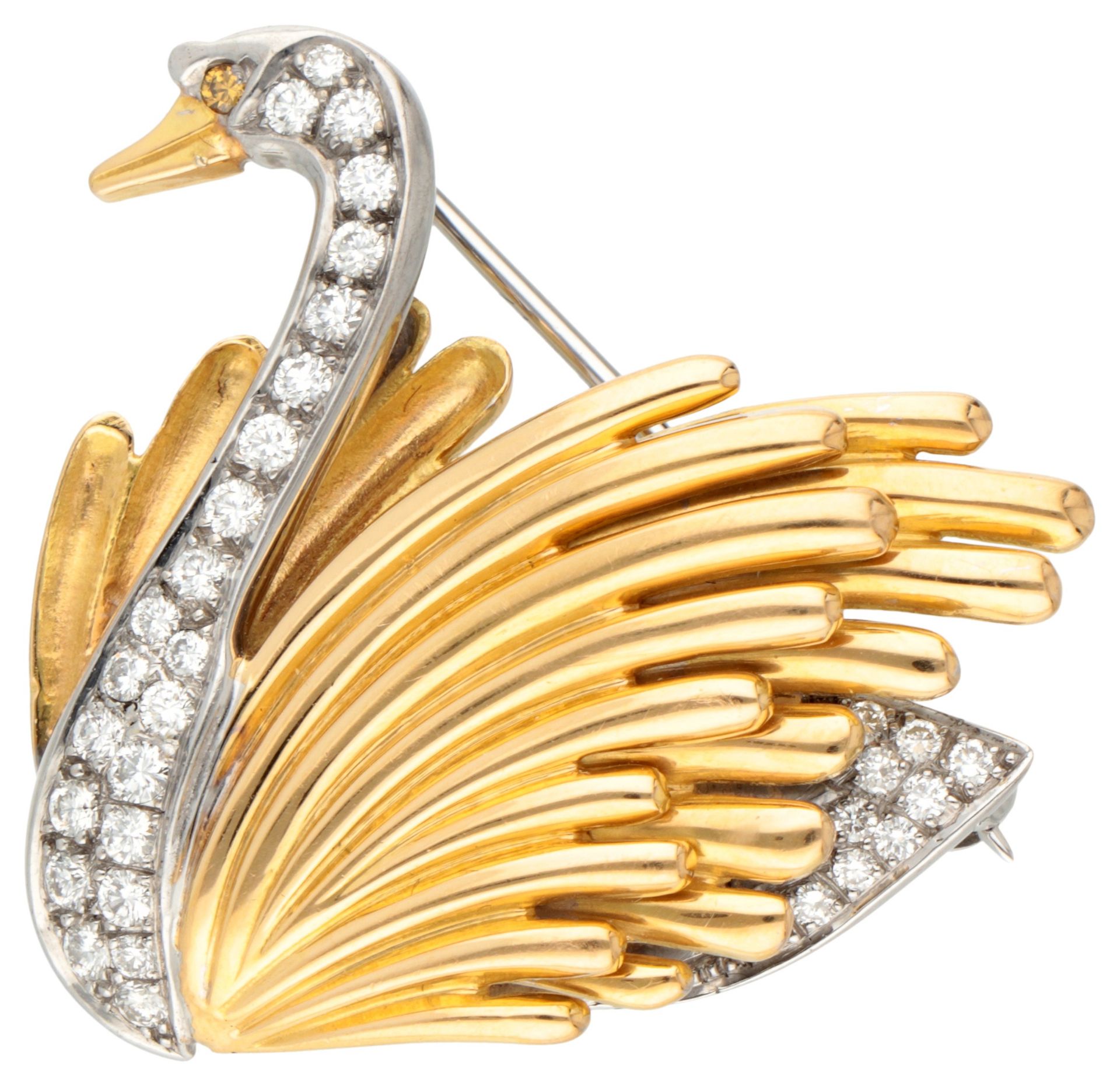 18K Bicolor gold brooch of a swan with approx. 0.75 ct. diamond.