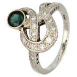 No reserve - 14K White gold ring with green synthetic stone set with approx. 0.15 ct. diamond.