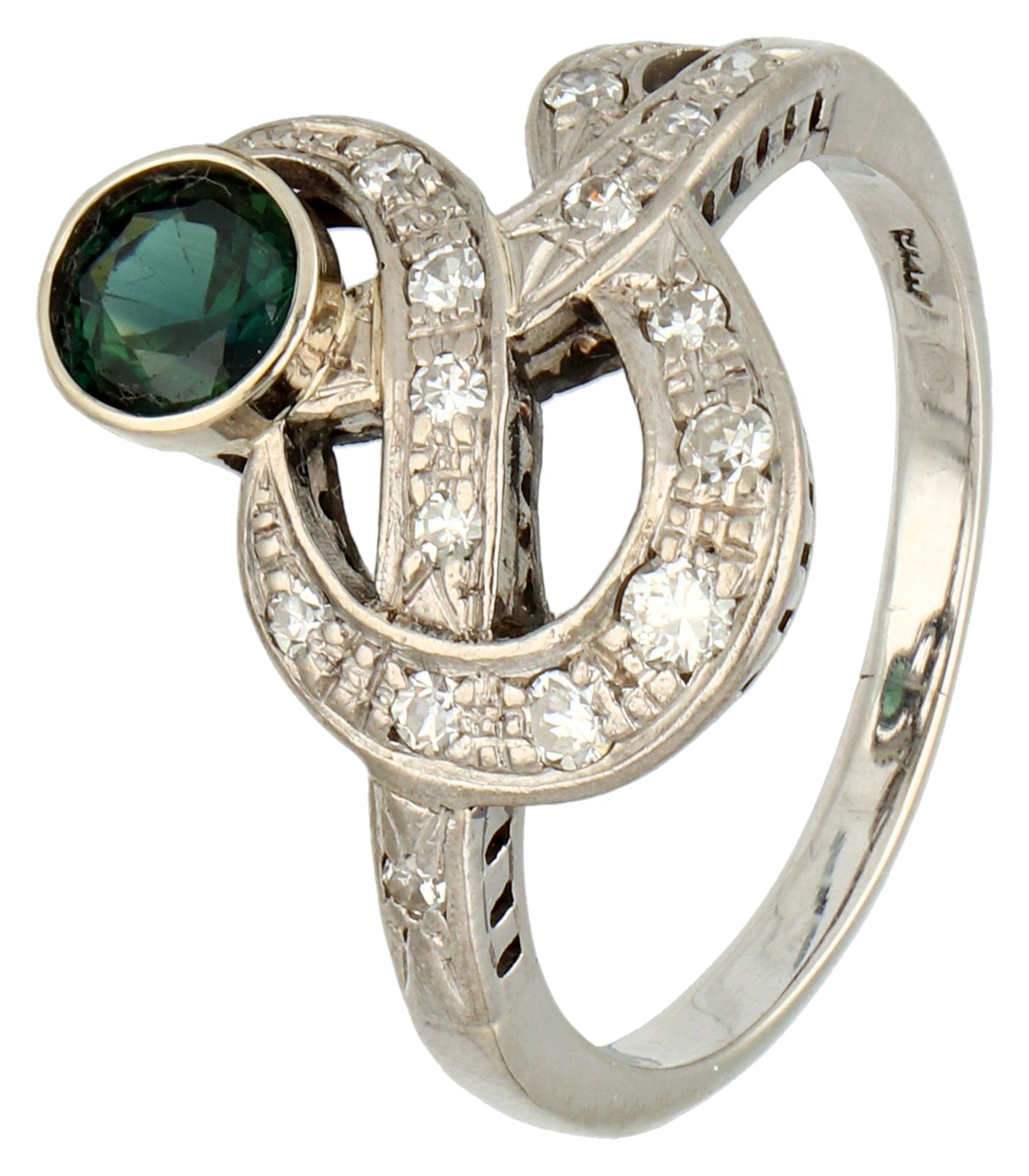 No reserve - 14K White gold ring with green synthetic stone set with approx. 0.15 ct. diamond.