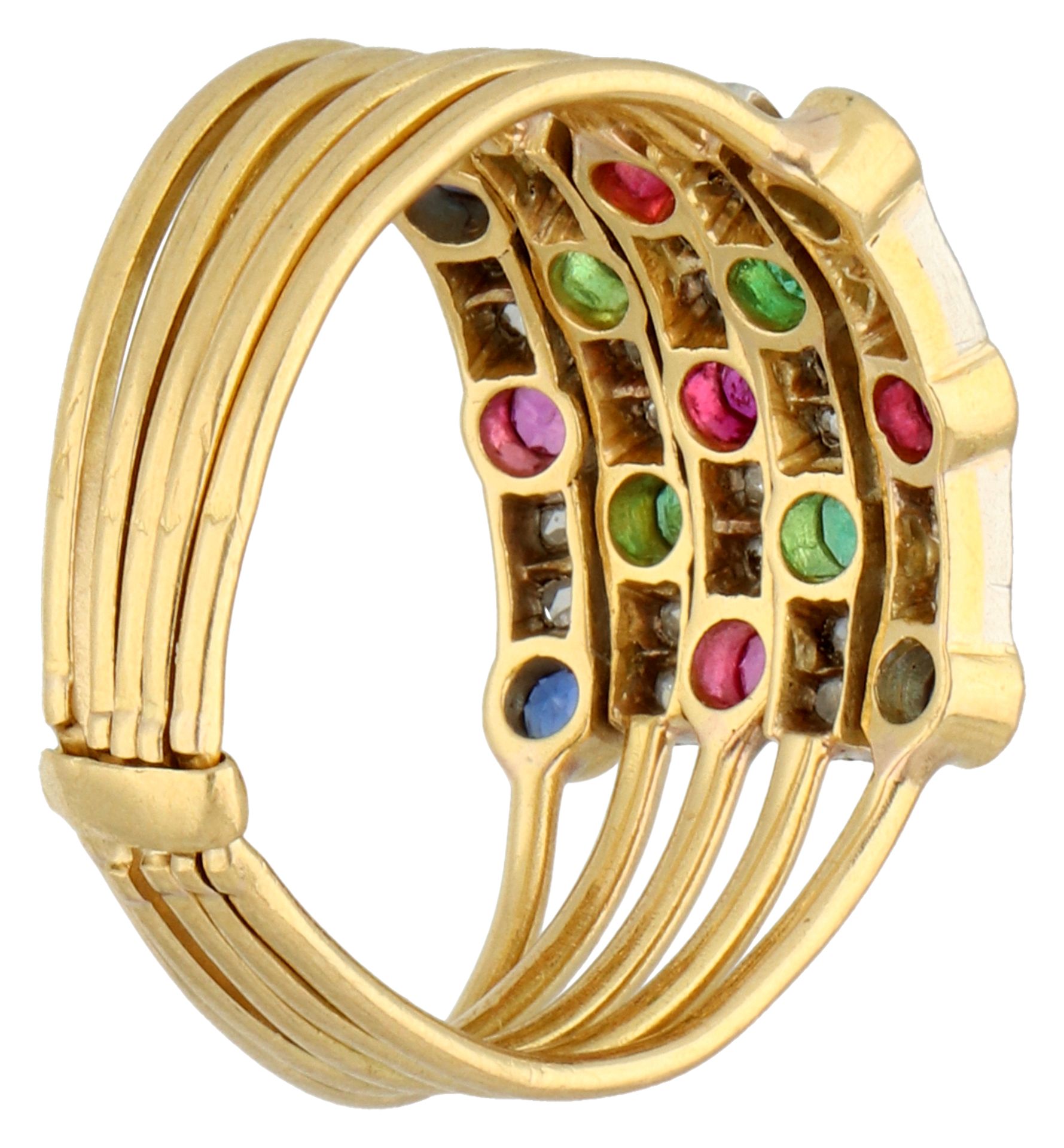 No reserve - 18K Yellow gold vintage harem ring set with diamond, ruby, sapphire and emerald. - Image 2 of 2