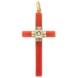 No reserve - 18K Yellow gold cross pendant set with red coral and a pearl.