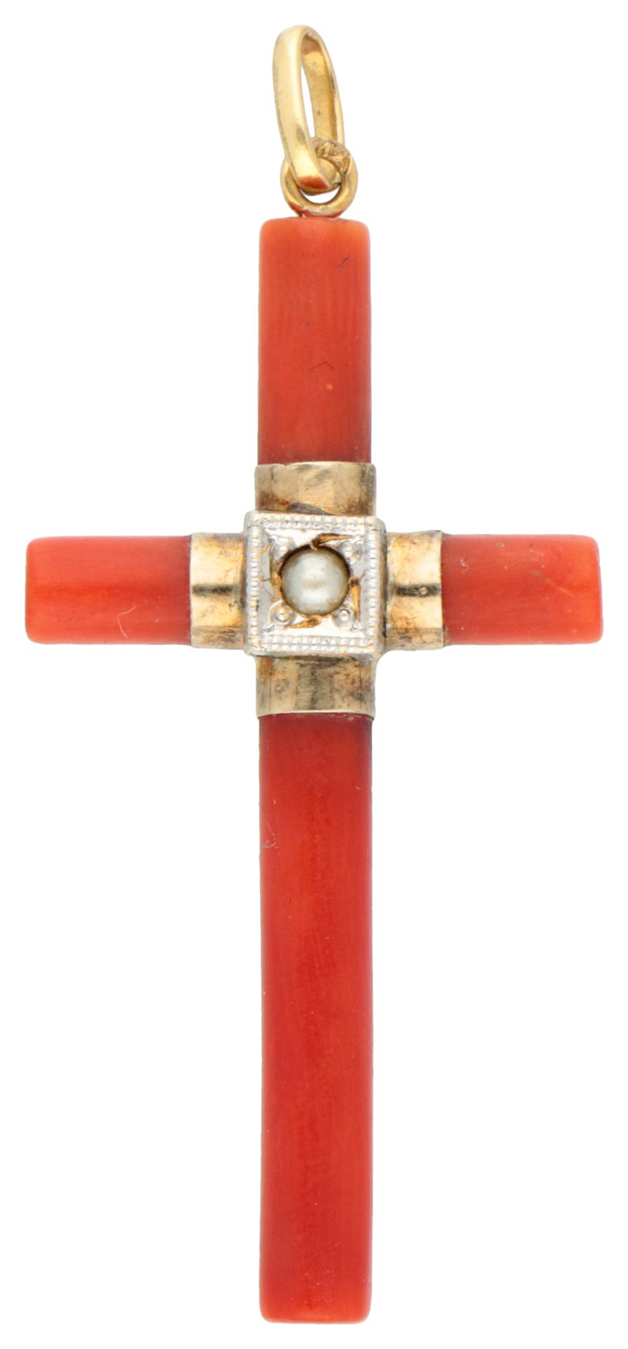 No reserve - 18K Yellow gold cross pendant set with red coral and a pearl.