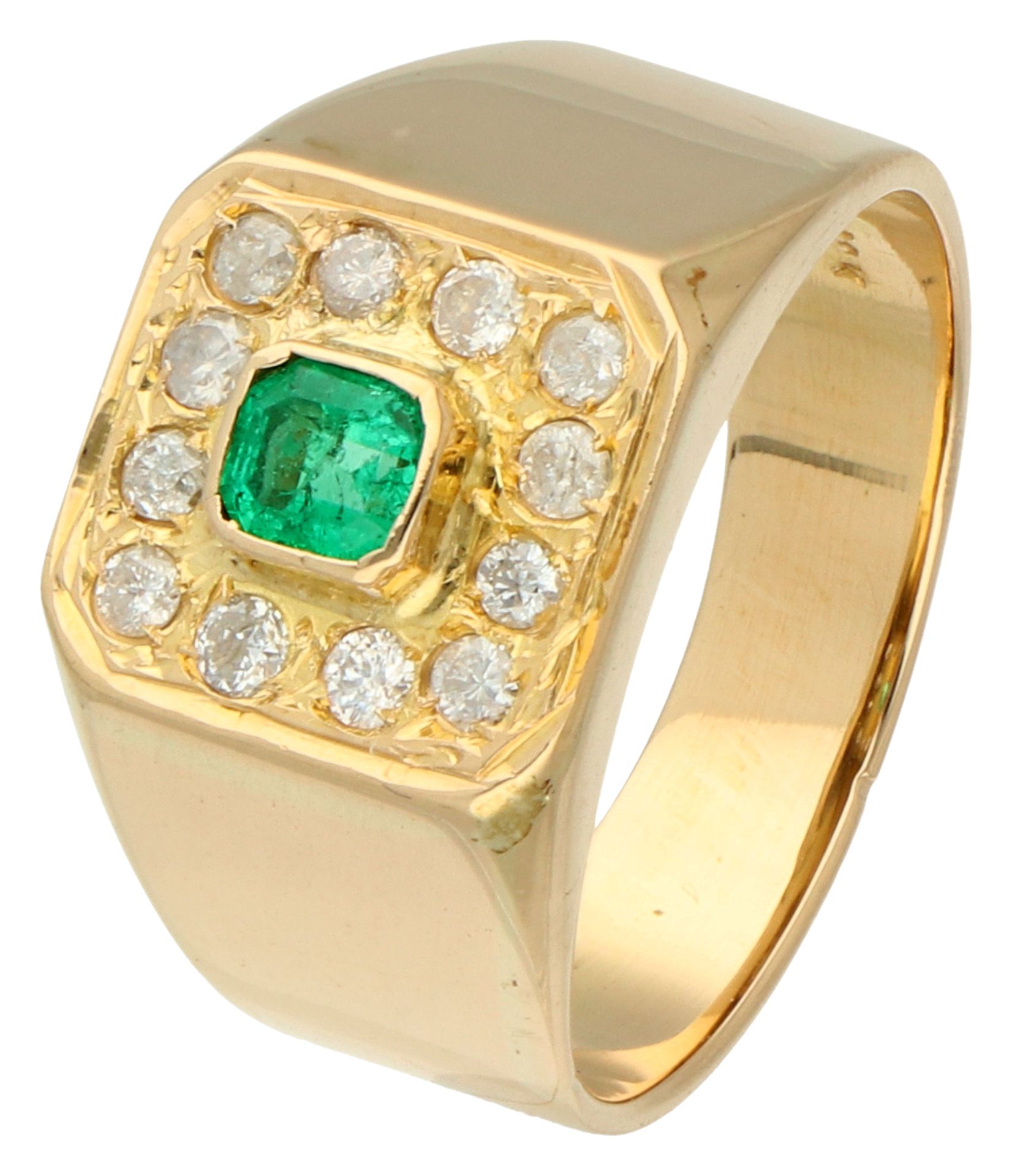 No reserve - 14K Yellow gold ring set with approx. 0.17 ct. diamond and emerald.