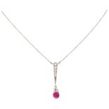 No reserve - 14K White gold pendant on necklace with ruby ​​and diamond.