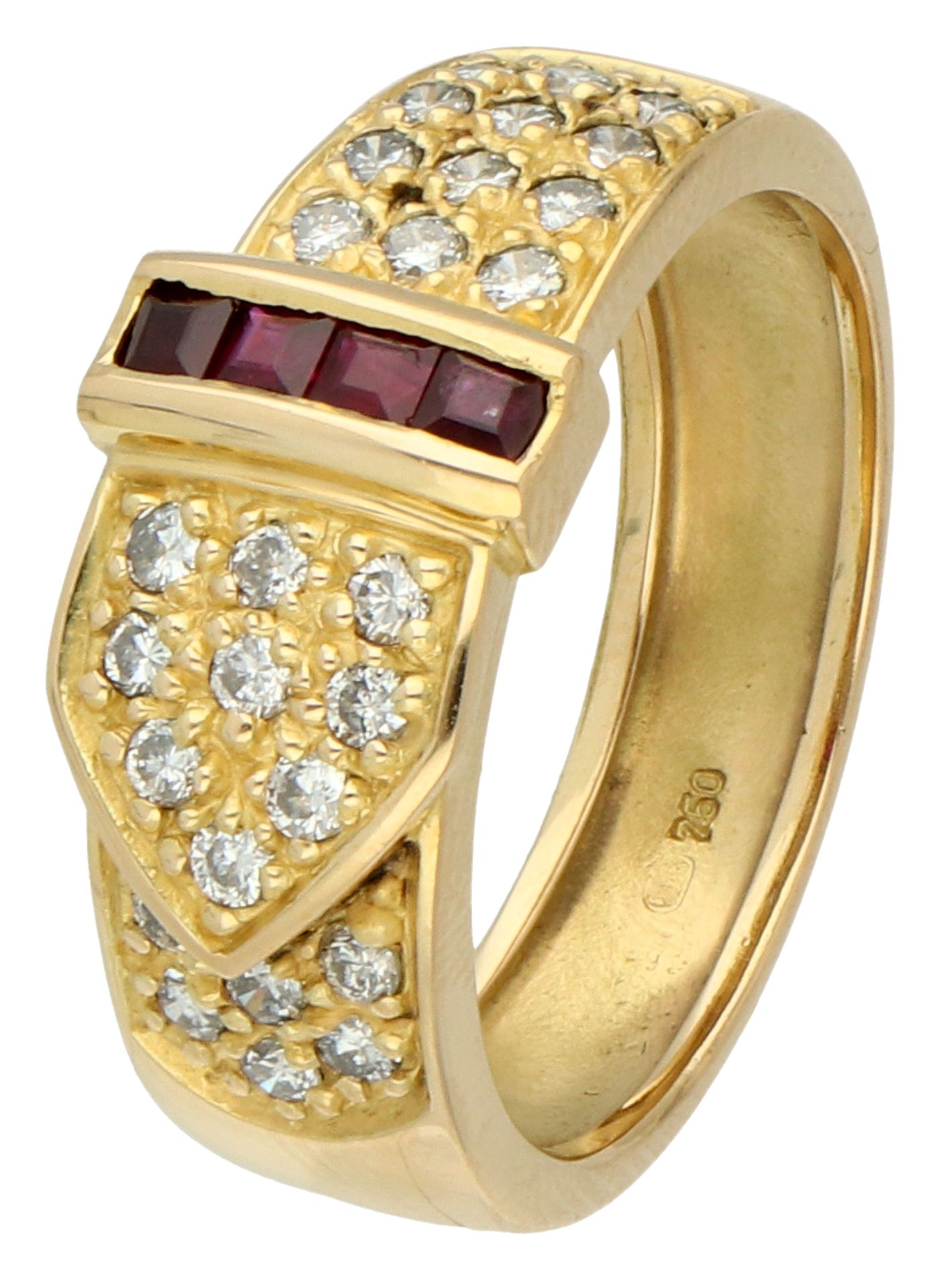 No reserve - 18K Yellow gold buckle ring set with diamond and ruby.