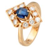 No reserve - 18K Yellow gold entourage ring set with synthetic sapphire and diamonds.