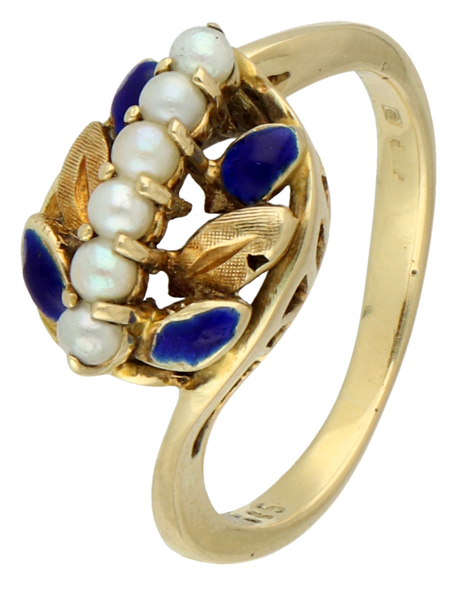 No reserve - 14K Yellow gold enameled ring with cultured pearl.