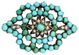 No reserve - Silver brooch with turquoise and seed pearl.