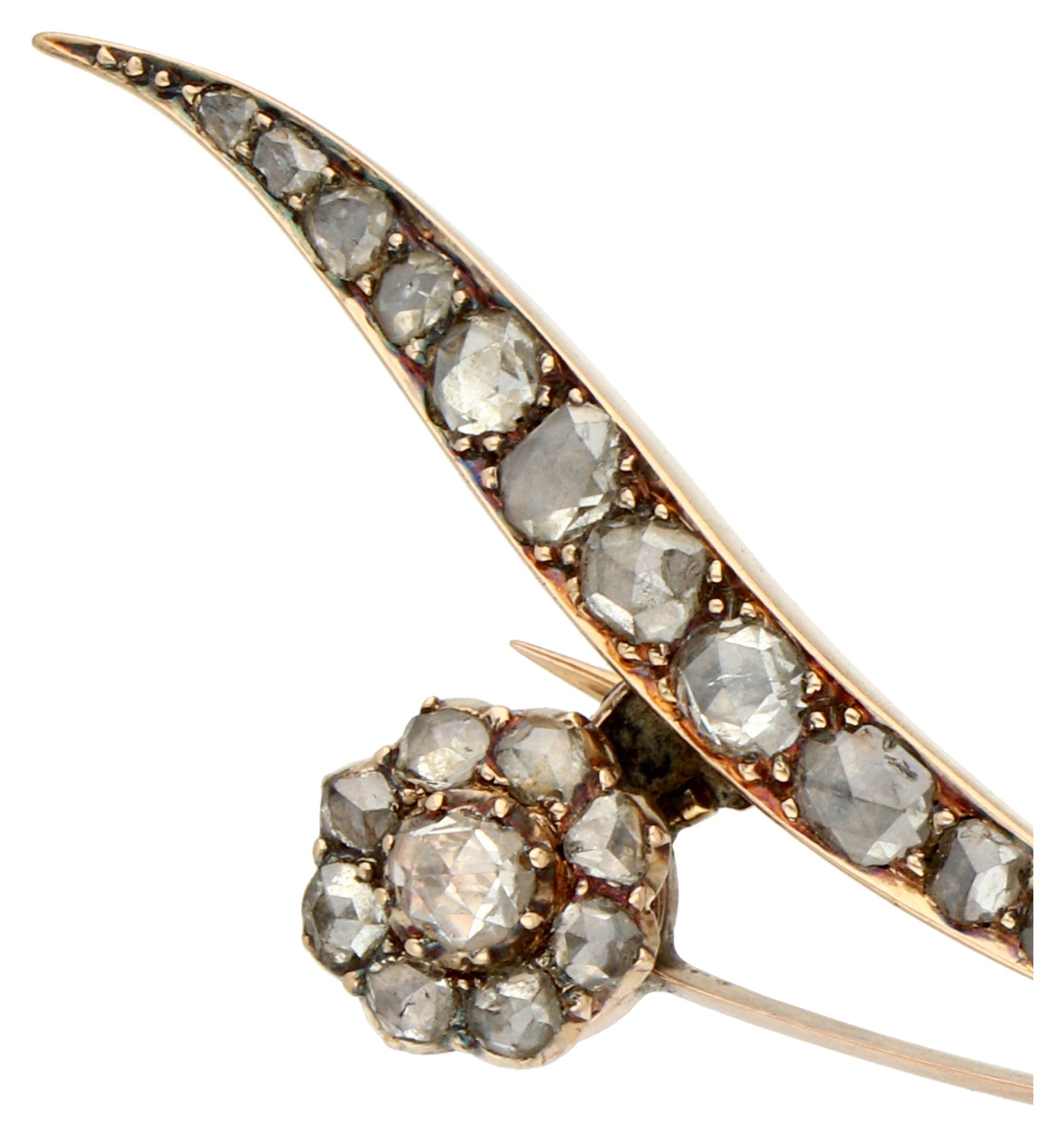 No reserve - 14K Yellow gold antique brooch with rose cut diamond. - Image 2 of 3