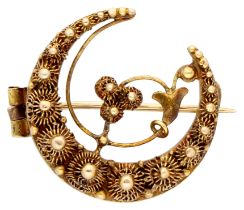 No reserve - 14K Yellow gold antique crescent brooch with knots.