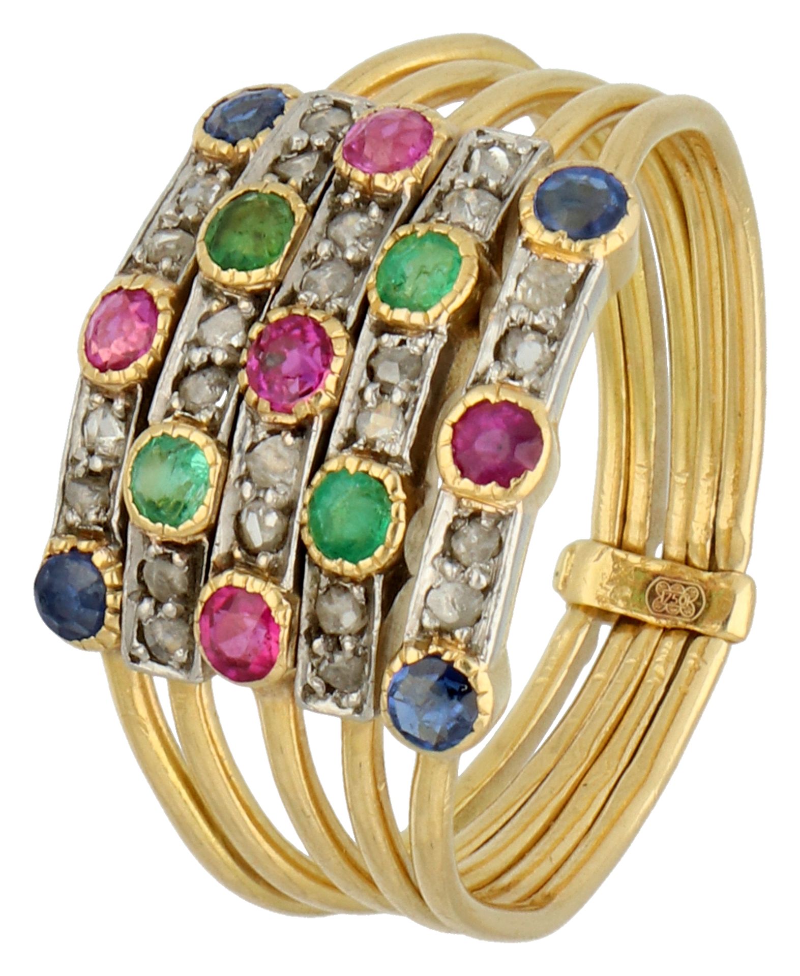 No reserve - 18K Yellow gold vintage harem ring set with diamond, ruby, sapphire and emerald.