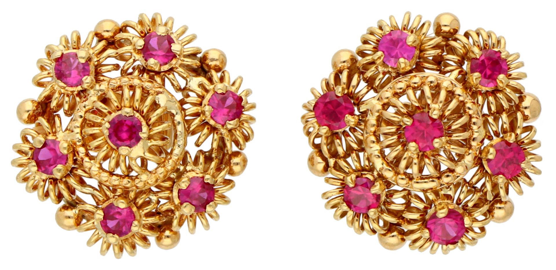 No reserve - 18K Yellow gold stud earrings with synthetic ruby.