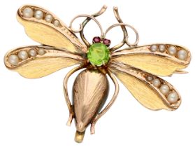 No reserve - 14K Bicolour gold butterfly brooch with green and red simili and faux pearls.
