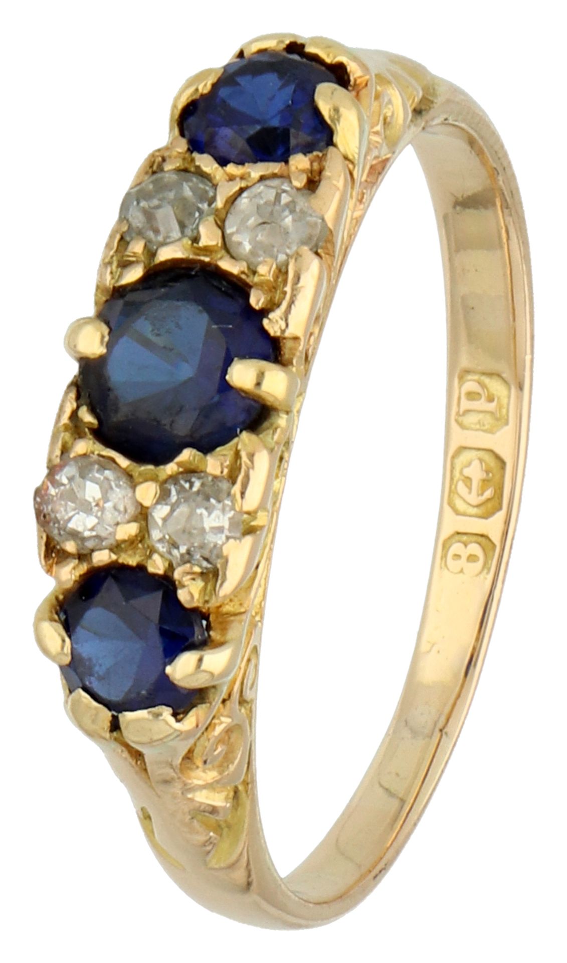 No reserve - 18K Yellow gold 3-stone ring with synthetic sapphire and diamond.