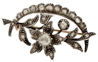 No reserve - 14K Gold / silver antique floral branch brooch with diamond.