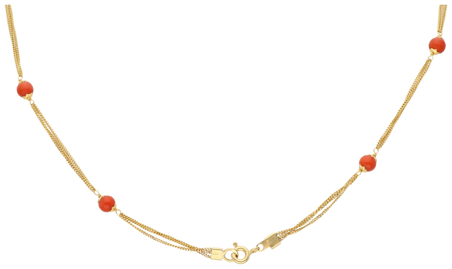 No reserve - 18K Yellow gold three-row necklace with red coral. - Image 3 of 3