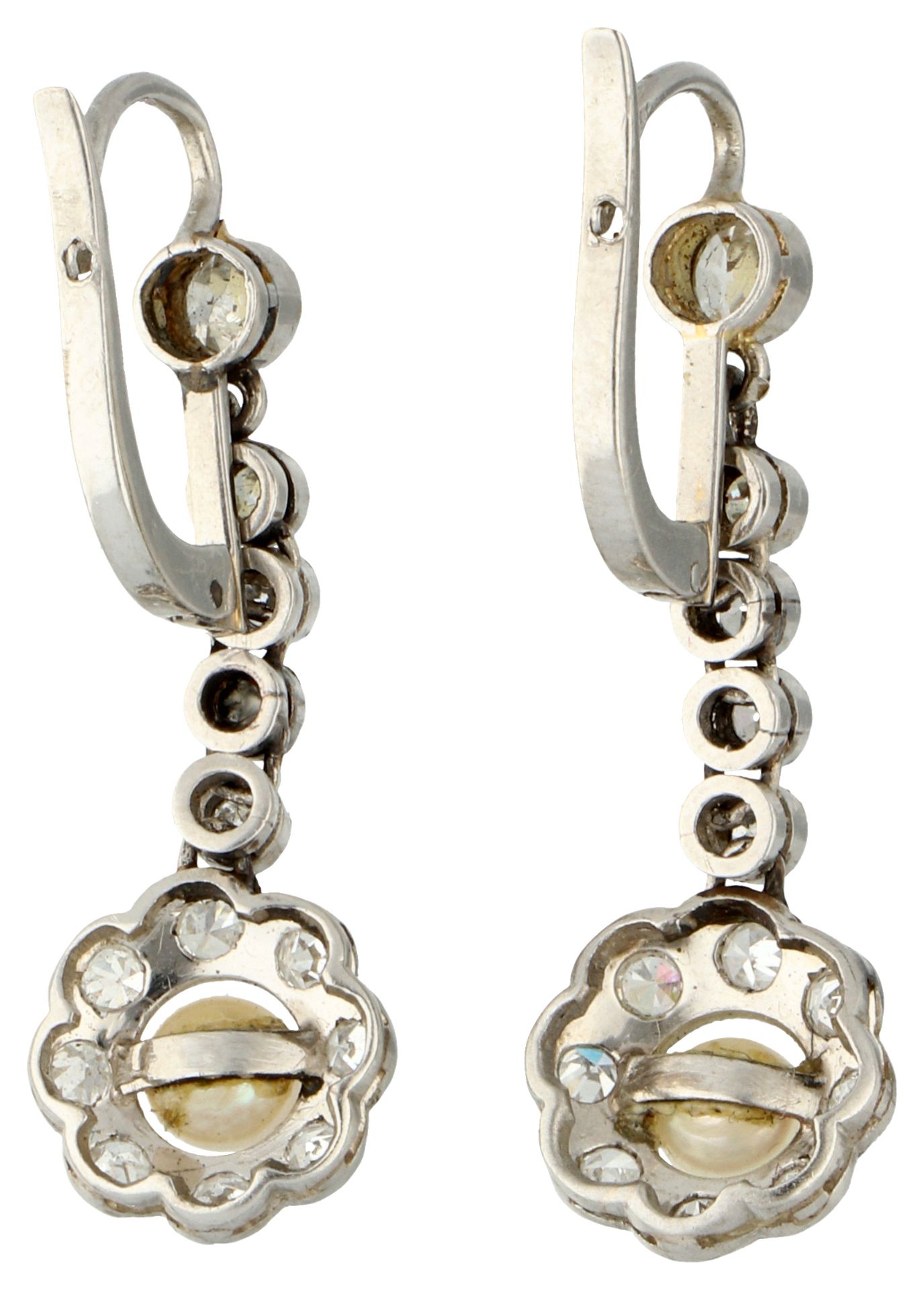 No reserve - Platinum classic earrings with pearl and diamond. - Image 2 of 2