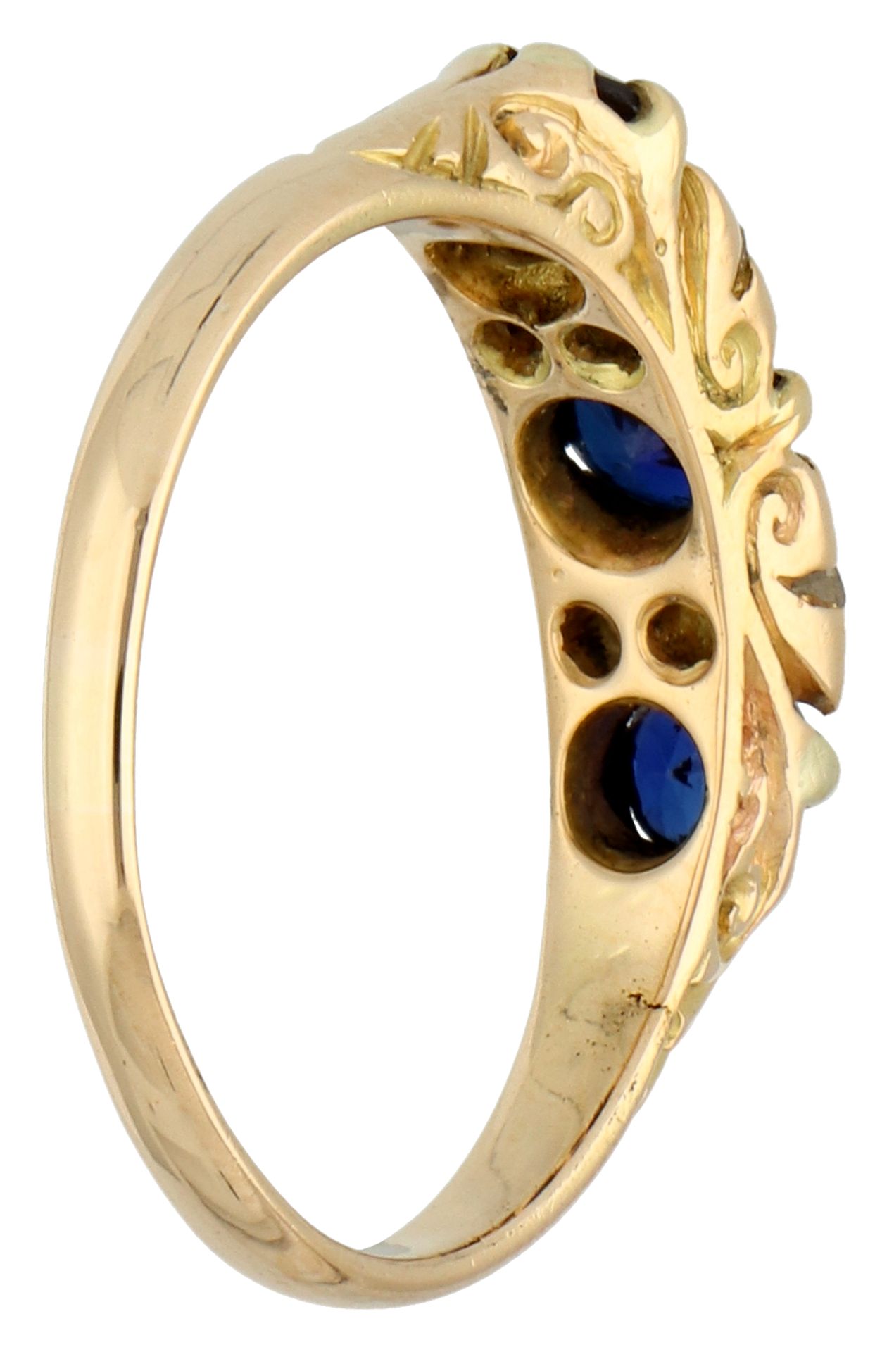 No reserve - 18K Yellow gold 3-stone ring with synthetic sapphire and diamond. - Image 2 of 3