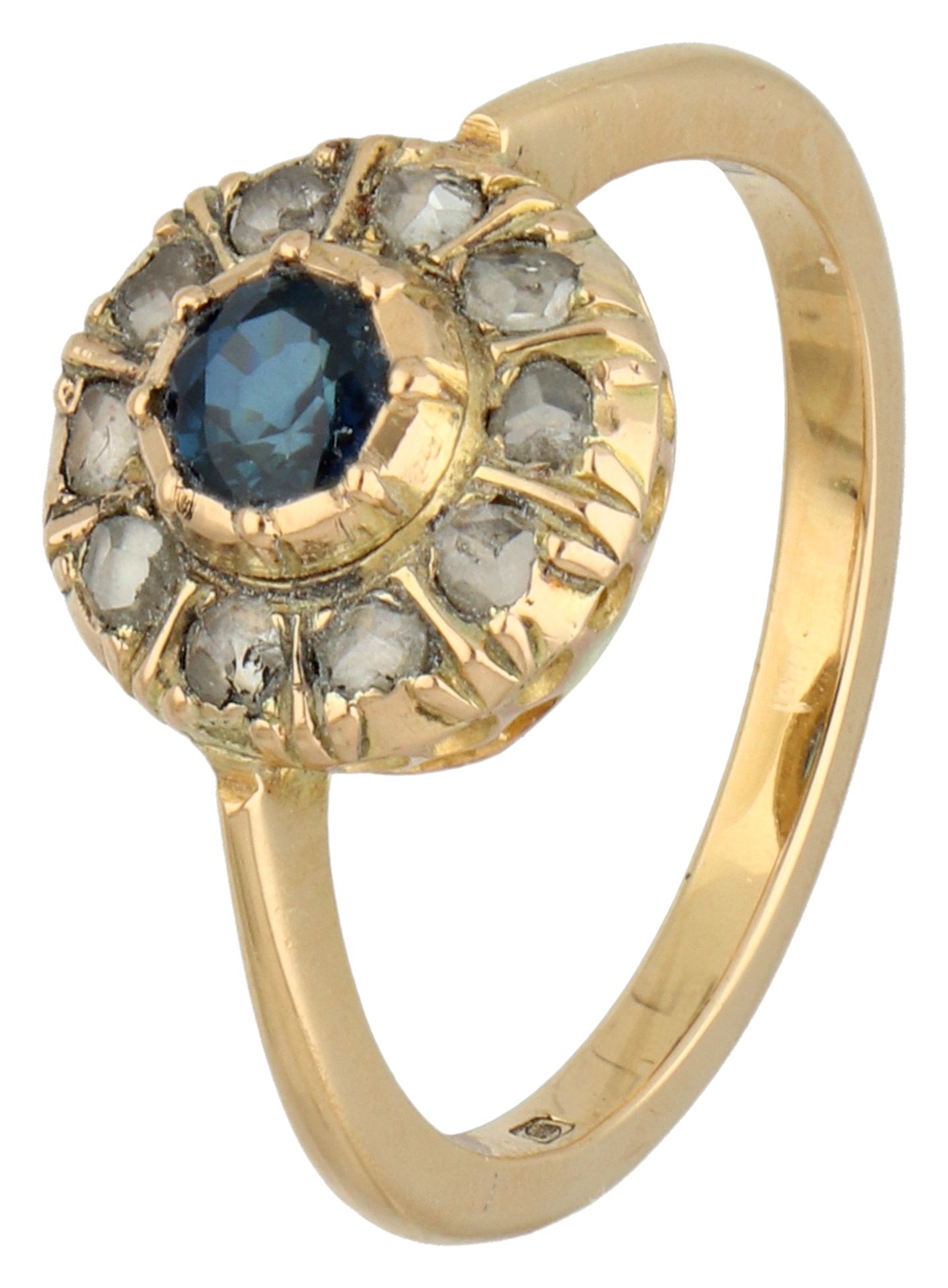 No reserve - 14K Yellow gold entourage ring set with synthetic sapphire and diamonds.