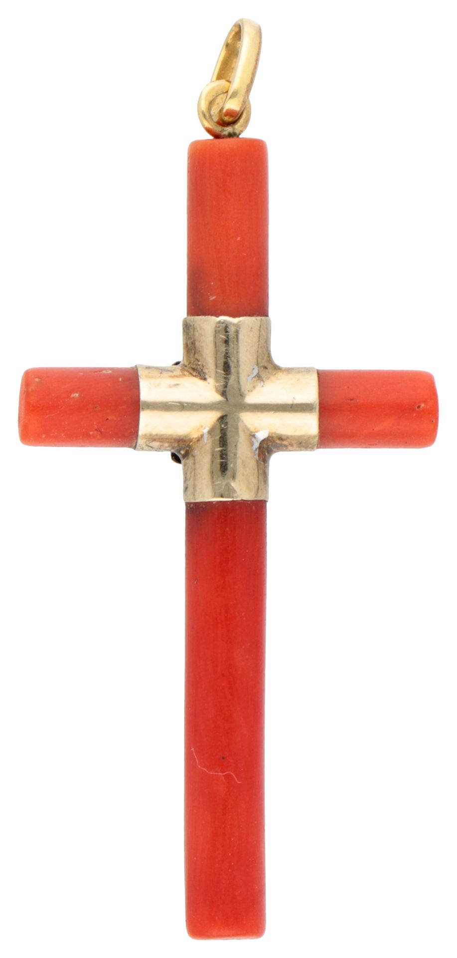 No reserve - 18K Yellow gold cross pendant set with red coral and a pearl. - Image 2 of 2