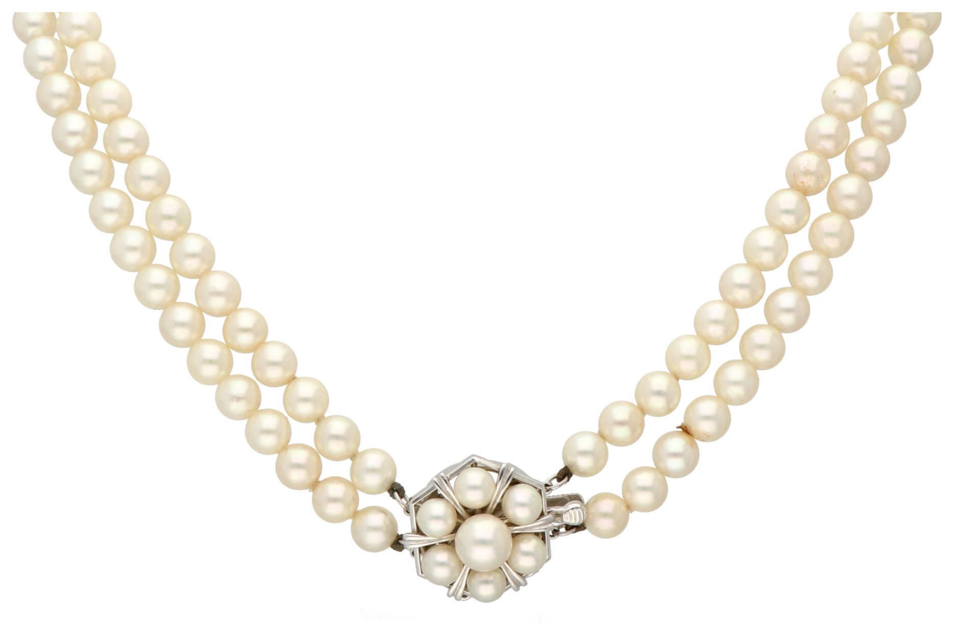 No reserve - 14K White gold two-row cultured pearl necklace with white gold clasp.