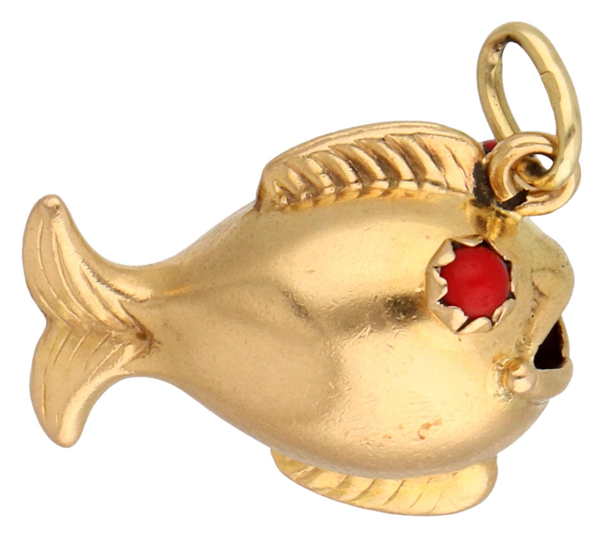No reserve - 14K Yellow gold pendant of a puffer fish with red eyes. - Image 3 of 3