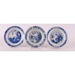 Three various blue/white porcelain saucers, China, including 18th century. Blue underglaze