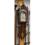 A tail clock with moon and date indication, Amsterdam model double hood crowned with vase knobs,