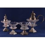 A contoured clear crystal table set with 2nd grade 835/1000 silver mounting, mid 19th century.