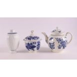 A blue and white creamware teapot, sugar-cover pot and tea caddy, England, Worcester, 18th