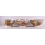 A series of three porcelain cabinet bowls, France 19th century. Polychrome decor with gallant scene,
