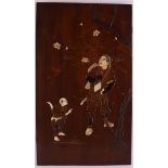 A tropical wood panel with relief wood and bone representation of a man and boy by a tree, Japan,