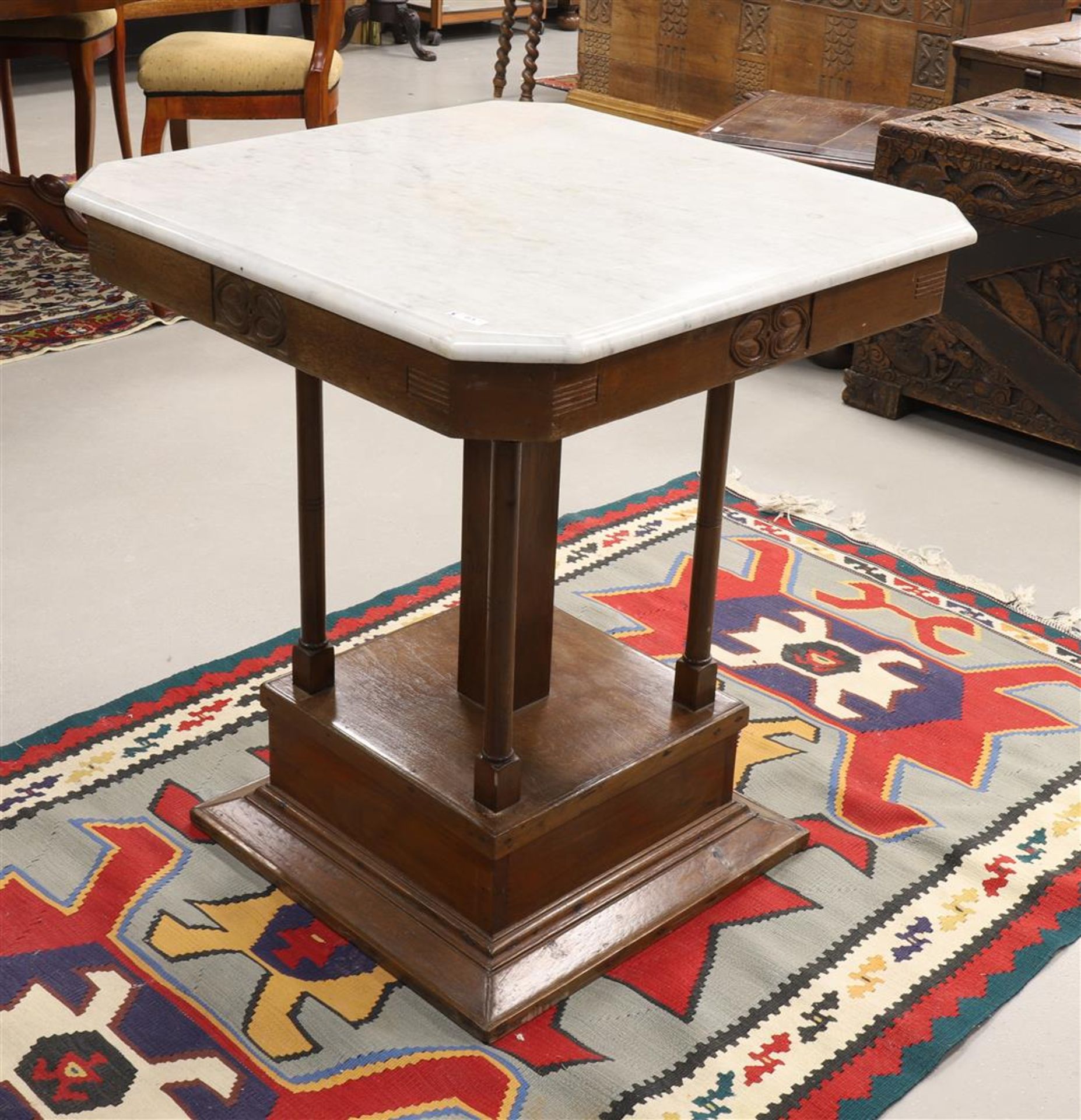 A square Art Nouveau coffee table with four matching chairs, early 20th century. Walnut, white - Image 4 of 4