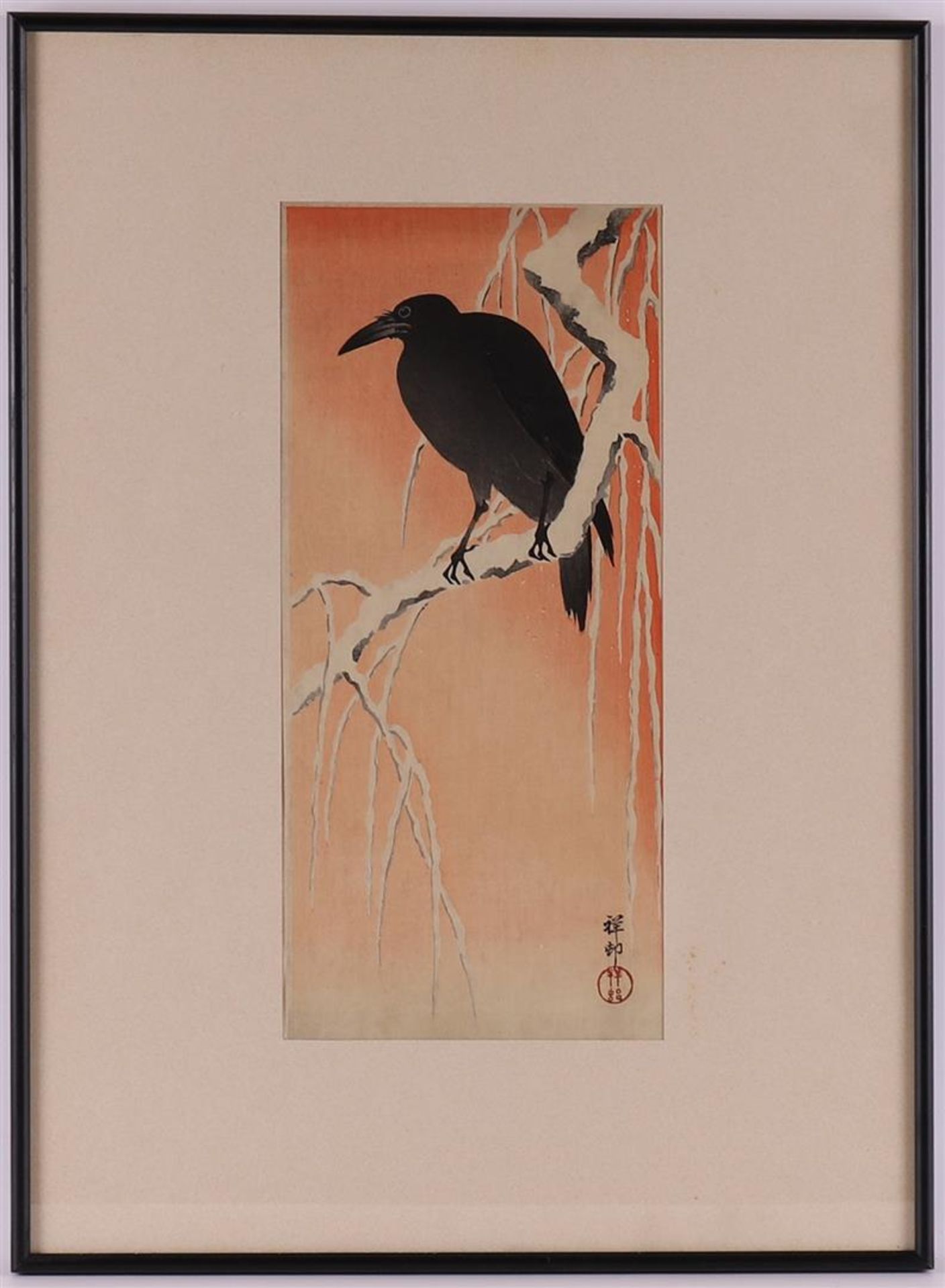Ukio-e, Koson, Ohara (1877-1945) "Crow on a snowy branch", signed 'Koson' ca. 1915 l.r., color