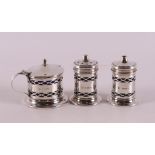 A 1st grade 925/1000 silver pepper, salt and mustard set with blue glass inner trays, England,