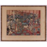 Ukyo-e. "geishas on a terrace", Japan, 19th century. Color woodcut/paper, h 45 x w 34 cm.
