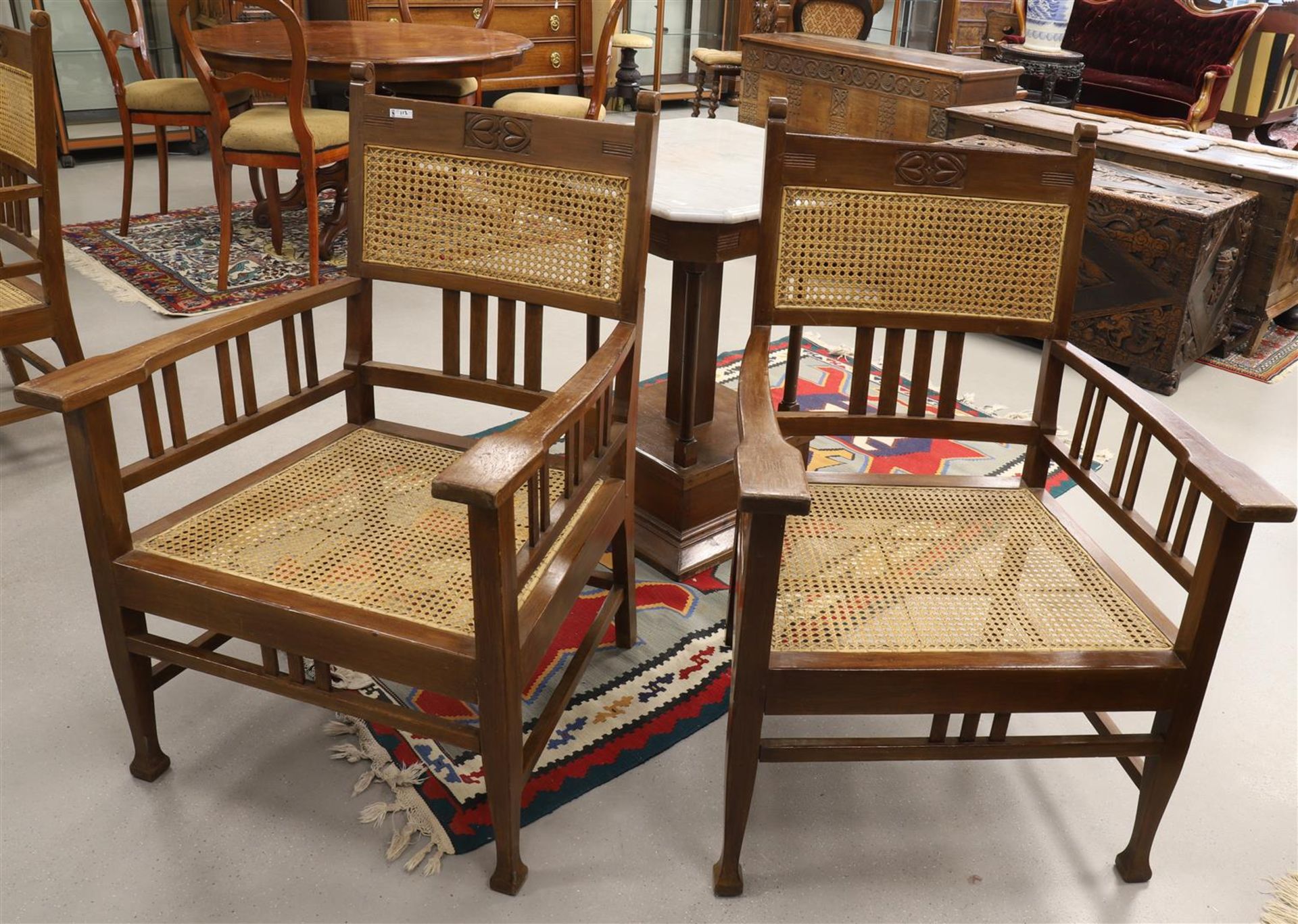 A square Art Nouveau coffee table with four matching chairs, early 20th century. Walnut, white - Image 3 of 4