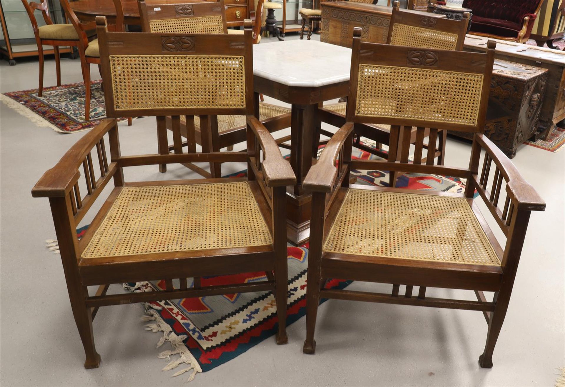 A square Art Nouveau coffee table with four matching chairs, early 20th century. Walnut, white - Image 2 of 4