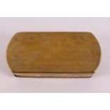 A brass tobacco box with engraved decoration of farm and text, Holland 19th century, l 16 x w 5.5