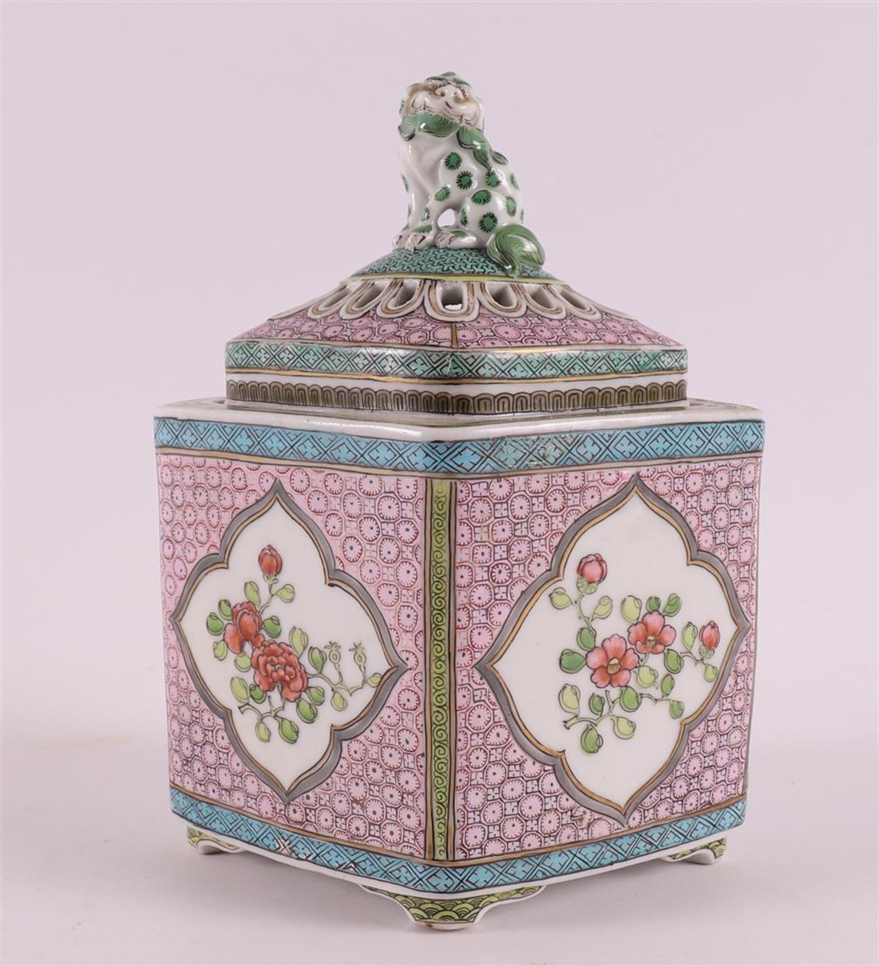 A diamond-shaped porcelain famille rose incense jar with lid, France, Samson, 19th century. Laced