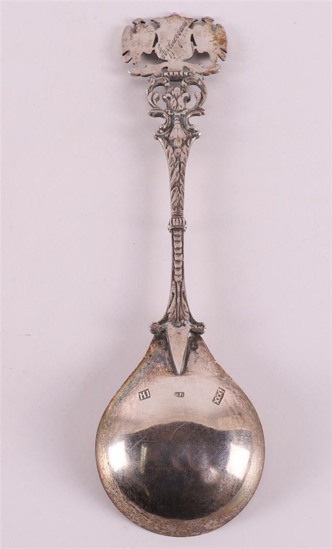 A 2nd grade 835/1000 silver weapon spoon 'Appingedam', pseudo mark Amsterdams hallmark, year - Image 2 of 2