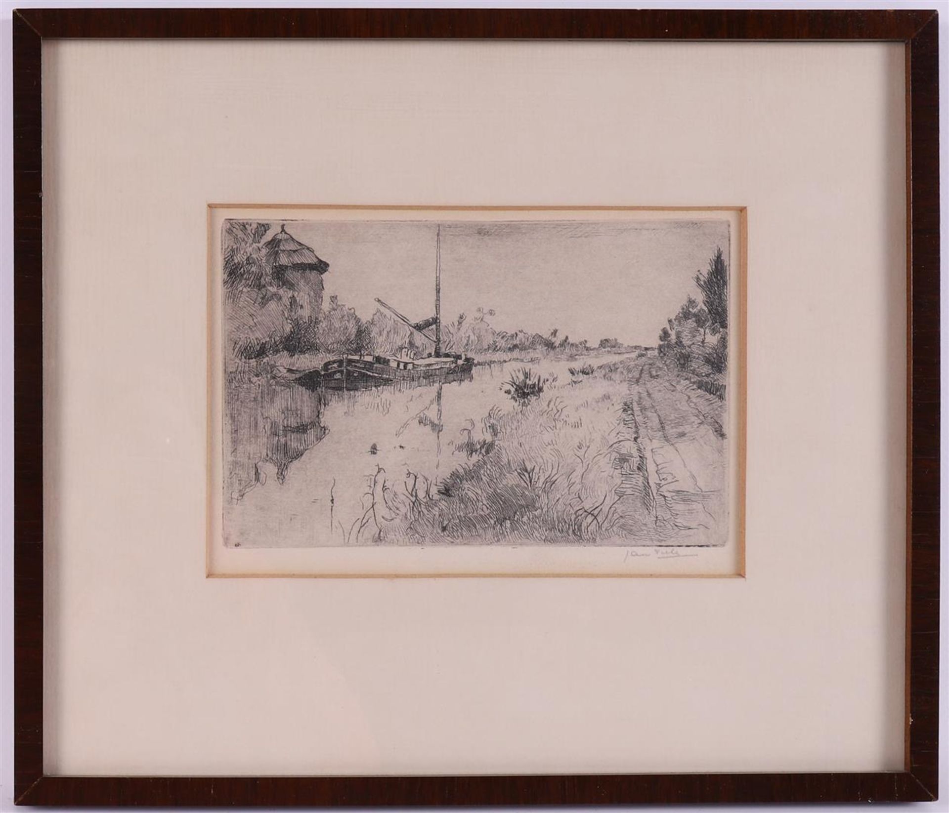 Three various etchings in a frame, including Jan Sirks, tot. 3x.