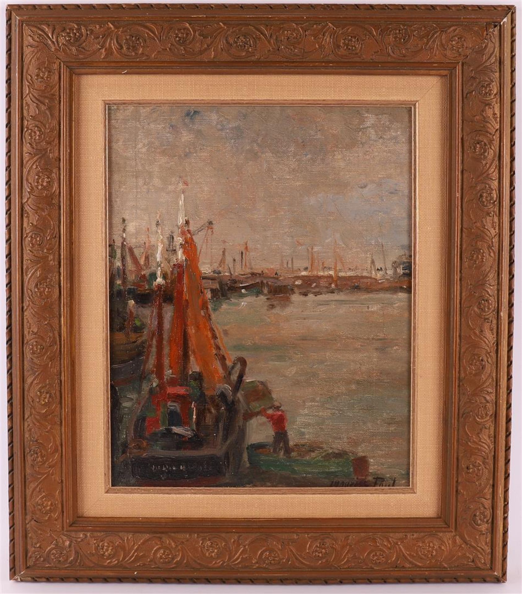 Paul, Maurice (1889-1965) "Ships in the harbour", signed in full l.r., marouflé, h 34 x w 27 cm.