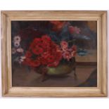 Breman - Schouten, Lizzy (1887-1967) "Flower still life on scale", signed in full l.l., oil paint/