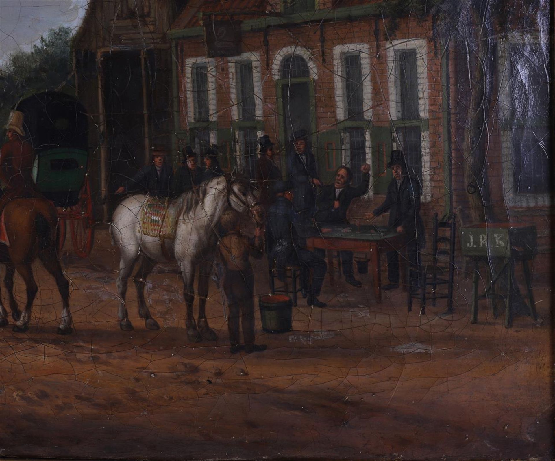 Postma, Derk Jacobs (1787-1866) "Company with carriages at an inn", ca. 1833, signed with monogram - Image 2 of 6